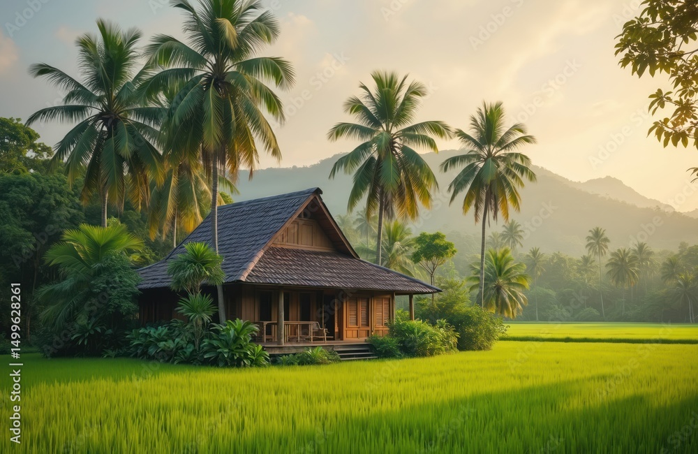 Fototapeta premium Traditional Malay kampung house with rice field. Wooden house surrounded by palm trees, lush plants and a green rice field. Idyllic tropical landscape. Rural scene. Malaysia culture tourism.