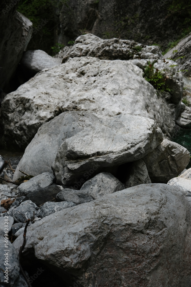 Close-up of rugged gray rocks and smooth boulders along a clear streambed in the forested landscape of Mount Olympus, Greece.
Close-up of rugged gray rocks and smooth boulders along a clear streambed in the forested landscape of Mount Olympus, Greece.