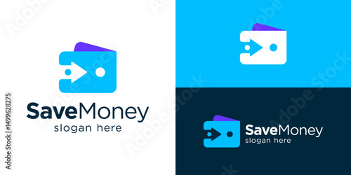 Creative modern save money logo template. Wallet with arrow for Money saving management logo design vector illustration.