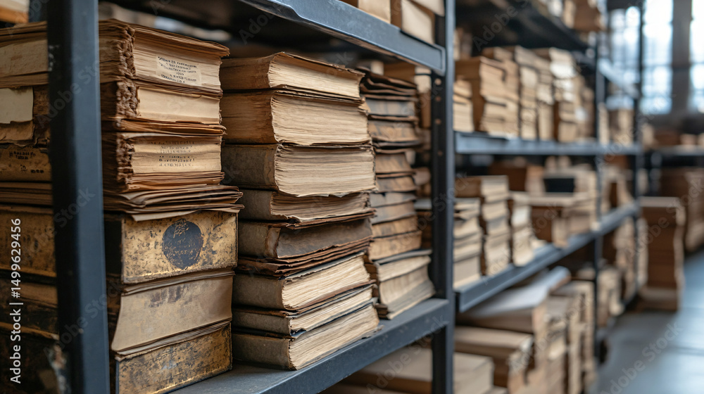 Obraz premium Vintage Books on Shelves in Antique Library Setting for Study