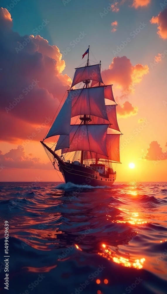 Obraz premium A majestic sailing ship glides gracefully across a calm ocean under a vibrant sunset, its sails billowing in the gentle breeze, a picturesque scene of nautical beauty , sun, cruise
