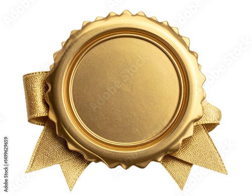 Golden seal with ribbons isolated on transparent background.