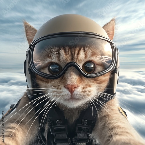 Cute cat in a pilot costume flying in the sky animal adventure pet photography whimsical environment