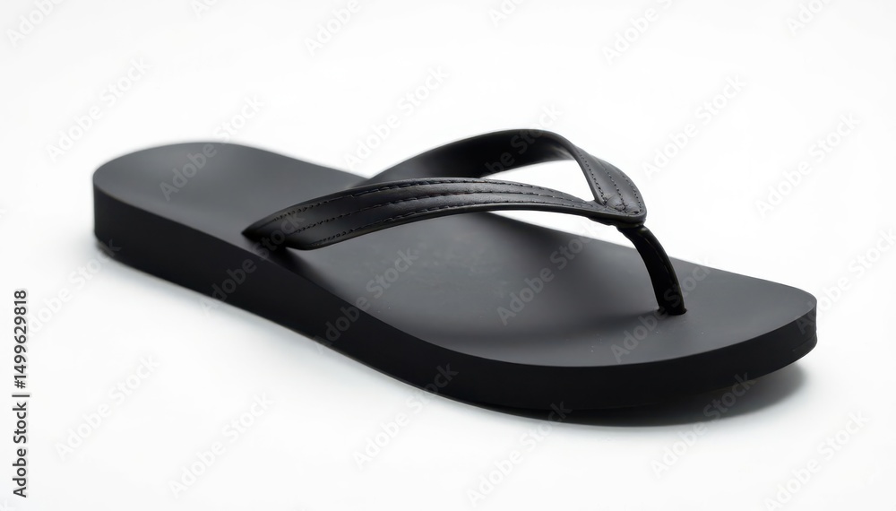 Single black flip-flop on white background, studio shot , photography, rubber Single black flip-flop on white background, studio shot , photography, rubber