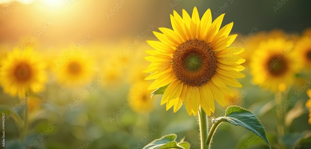 Fototapeta premium Vibrant sunflowers bloom in bright sunny day. Yellow flower petals contrast with brown seed center. Blurred background creates idyllic summer mood. Floral, sunny landscape. Beautiful nature. Perfect