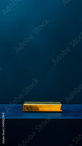 Single Gold Bar on Sleek Black Table Under Dramatic Lighting vertical - blue background