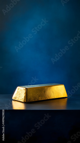 Single Gold Bar on Sleek Black Table Under Dramatic Lighting vertical - blue background