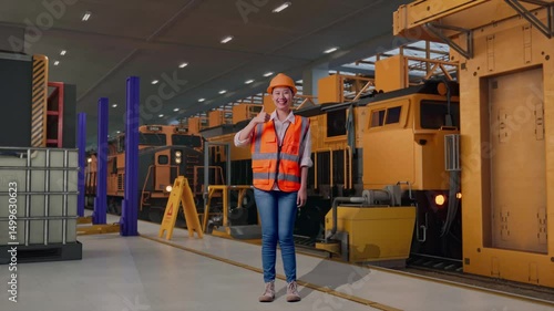 Full Body Of Asian Female Engineer With Safety Helmet Smiling And Showing Thumbs Up Gesture To The Camera While Standing, Train Maintenance Engineers in a Depot