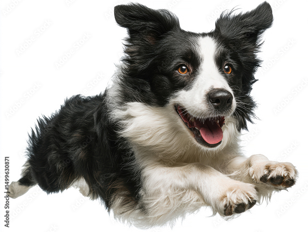 Close-up photograph of a black and white dog in motion, with alert eyes and perked ears, set against a nondescript background - AI-Generated Close-up photograph of a black and white dog in motion, with alert eyes and perked ears, set against a nondescript background - AI-Generated