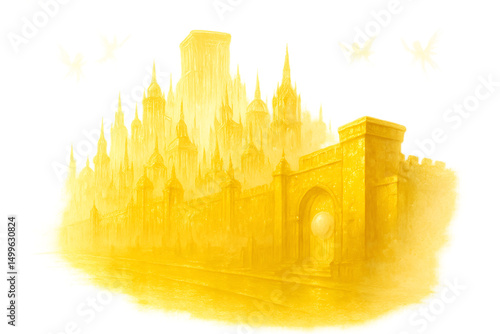 majestic Golden City of Heaven in isolated white, radiating divine splendor and eternal peace.