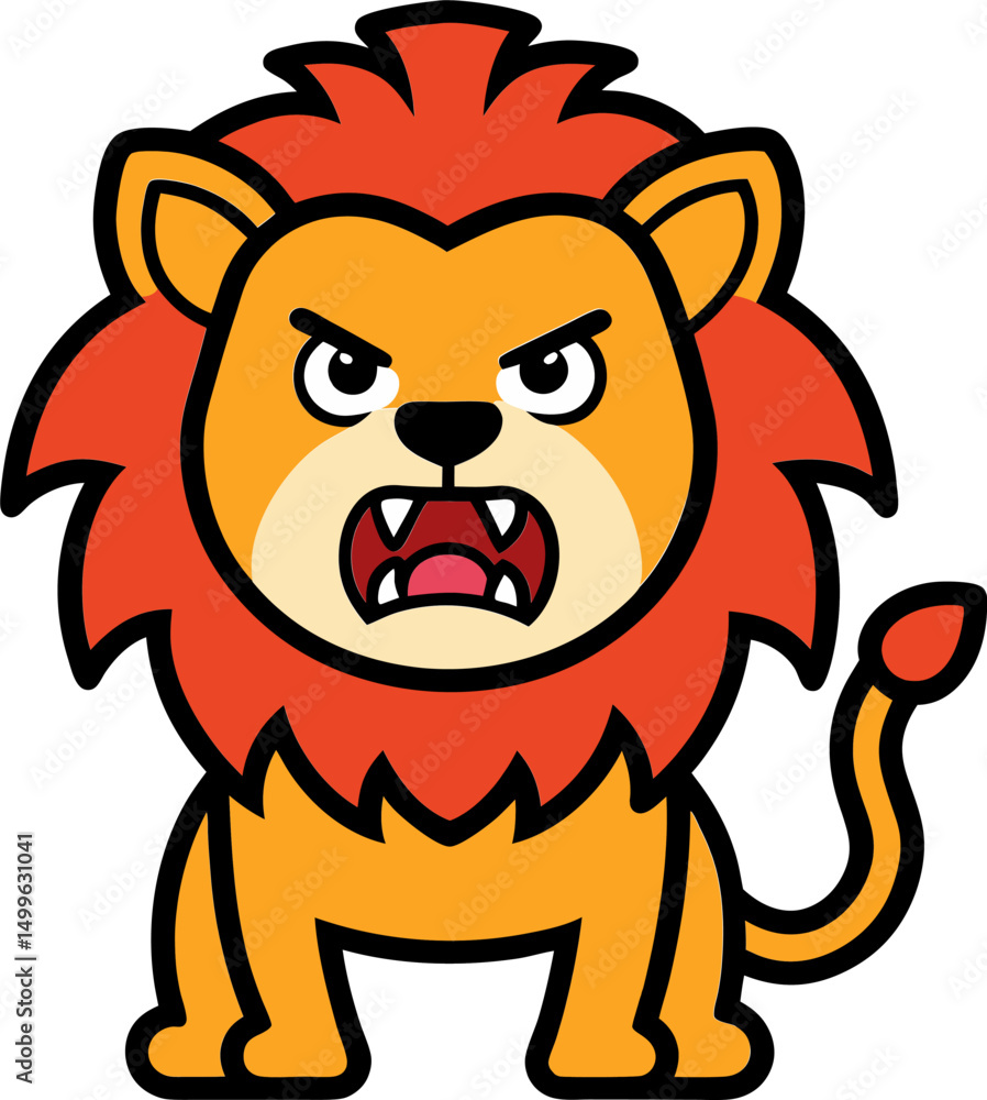 Obraz premium Angry cartoon lion roaring loudly with fierce eyes in wild jungle themed vector illustration