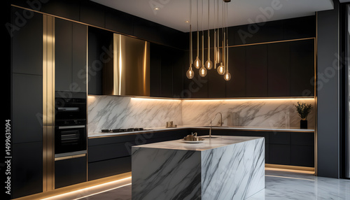 Luxury contemporary kitchen with matte black cabinets, gold accents, marble island, and pendant lights