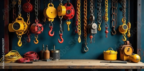 A diverse assortment of crane supplies neatly organized on a workbench, including hooks, cables, sheaves, and more  Ready for use on various construction and lifting projects ,  cables,  strong