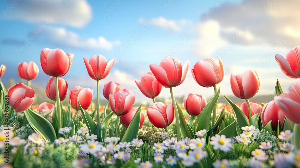 Fototapeta premium Vibrant pink tulips in a field, sunlight and soft clouds