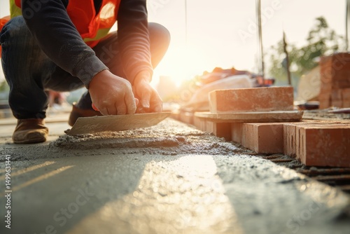 An Asian Construction Worker Squatting Down Leveling Cement on the Ground with Trowel at Building Site Close Up