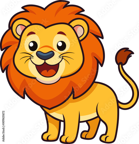 Happy lion with a big mane and bright eyes sitting calmly for childrens zoo and animal vector art