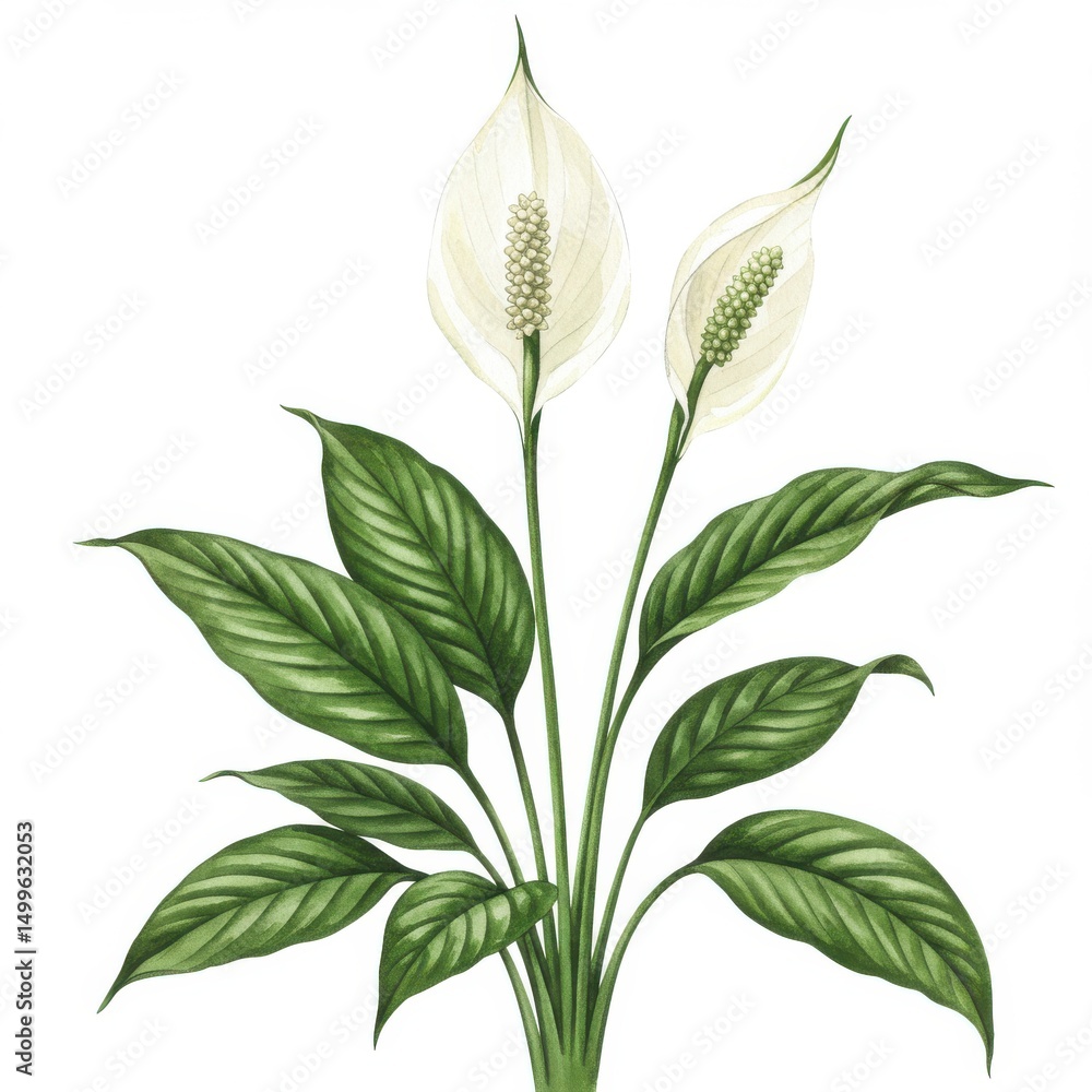 Obraz premium Peace lily plant isolated on white background for botanical illustrations and decorative elements.