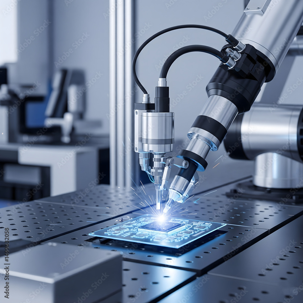 Future Technology Concept with Precision Machinery and Nanochip, Highlighting Advancements in Tech Manufacturing Industry. Future Technology Concept with Precision Machinery and Nanochip, Highlighting Advancements in Tech Manufacturing Industry.