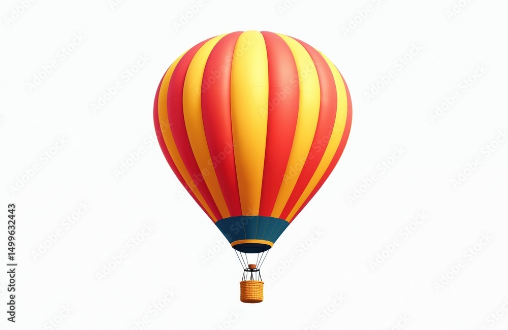 Fototapeta premium Vibrant hot air balloon isolated on transparent background. Red and yellow stripes with a basket below. Air travel, sky adventure, travel background. Ideal for creative design projects.