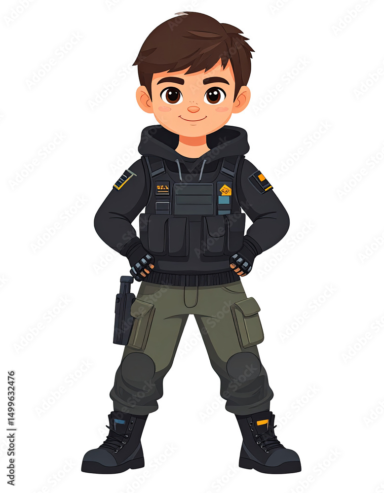 Pixel art depiction of a young person in tactical gear. The figure stands confidently with hands on hips. The image uses a dark color palette with strong contrasts. Pixel art depiction of a young person in tactical gear. The figure stands confidently with hands on hips. The image uses a dark color palette with strong contrasts.