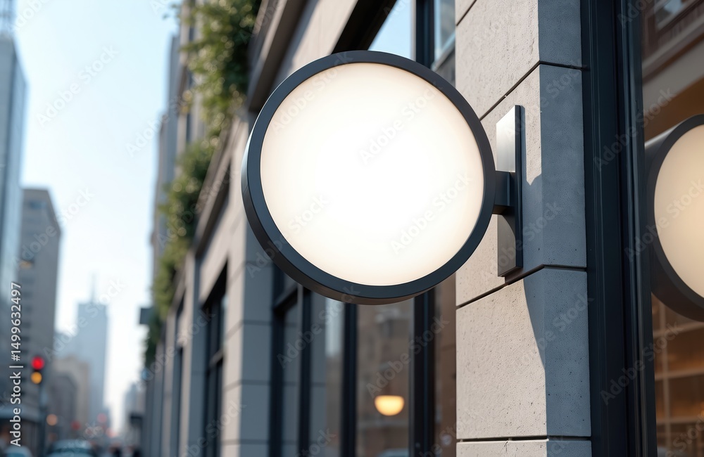 Circular shop sign mounted on contemporary glass building exterior. Business branding signage mockup. Street display advertisement. Corporate identity. Round, metal frame. Modern urban city Circular shop sign mounted on contemporary glass building exterior. Business branding signage mockup. Street display advertisement. Corporate identity. Round, metal frame. Modern urban city