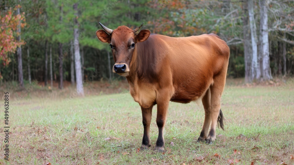Fototapeta premium A brown cow stands in a field.