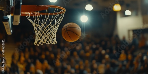 A basketball is in the air, about to go through a hoop