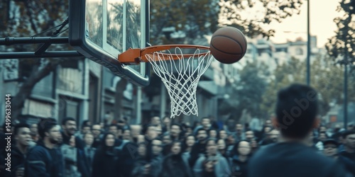 A basketball is in the air above a basketball hoop
