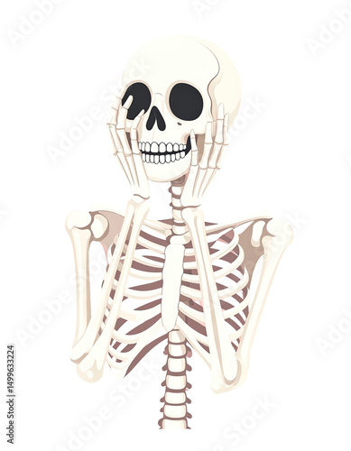 Pixelated skeleton portrait with hands on face showcasing a surprised or amazed expression set against a transparent background.