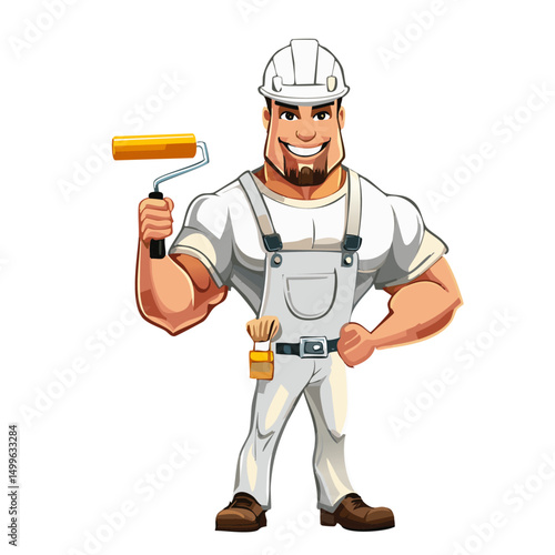 white cartoon painter decorator man holding a paint roller, posing and showing his muscles vector icon graphic design