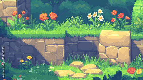 A vibrant garden scene with colorful flowers and lush greenery.