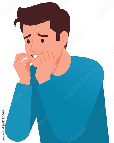 Anxious Young Man Biting Nails in a Colorful Illustration Representing Nervousness and Worry