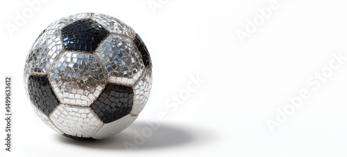 Fußball aus spiegelnden Mosaik-Elementen, stilvoll beleuchtet vor weißem Hintergrund. 