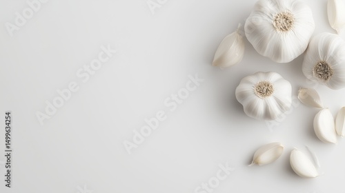 Fresh garlic clove is depicted on a white background, in front of it are several large and small garlic cloves, space for text.