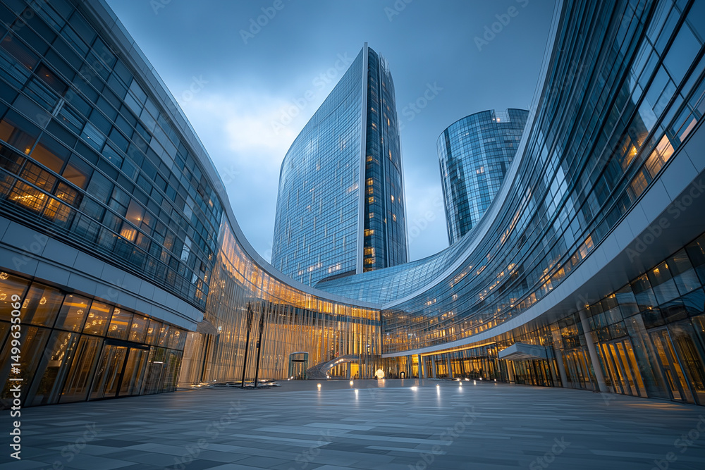 Obraz premium A dynamic daytime view of sleek modern buildings made of glass and steel. The clean urban composition highlights contemporary design, innovation, and architectural elegance with no people present.