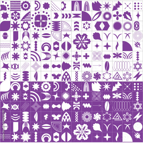 Brutalist abstract geometric shapes and grids. Brutal modern figure star, arrow, oval, arch, spiral flower and other primitive elements for style design. Bauhaus Memphis design.
