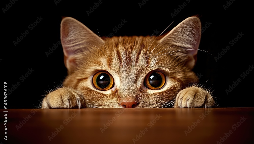 Curious ginger cat peering from behind a table Curious ginger cat peering from behind a table