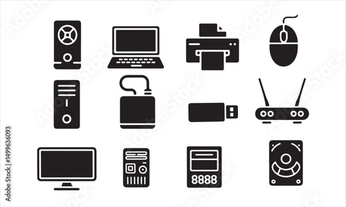 A collection of simple, black silhouette icons representing various computer hardware components white background