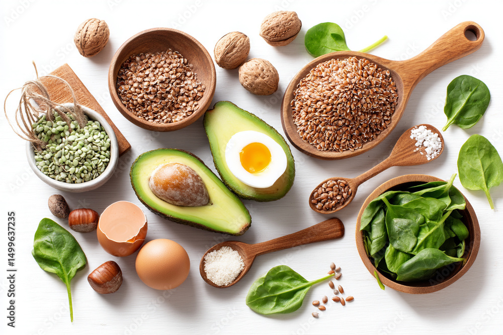 Products on a white background: avocado, buckwheat, eggs, nuts and spinach - superfoods for health Products on a white background: avocado, buckwheat, eggs, nuts and spinach - superfoods for health