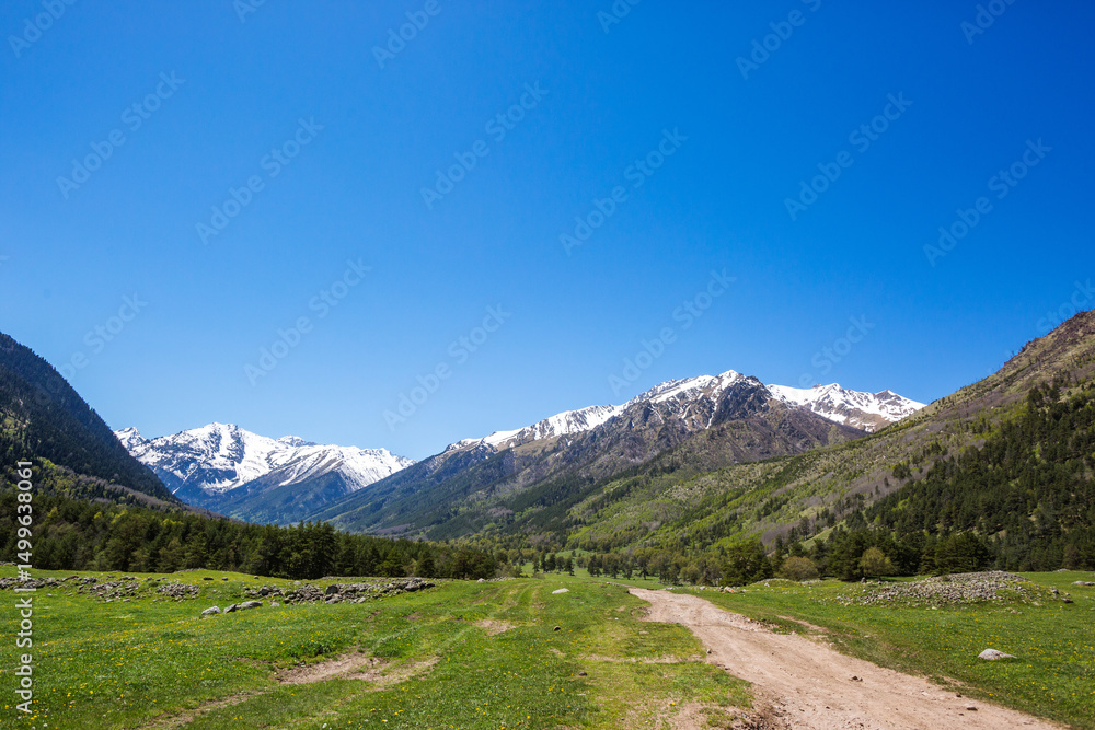 Fototapeta premium Road in caucasus Mountains spring landscape. Karachay-Cherkessia, Russia