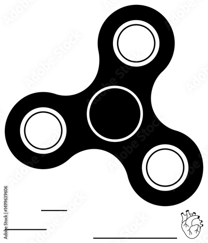 Fidget spinner spinning with three circular arms, simplistic lines emphasizing motion. Ideal for focus, stress relief, mindfulness, balance, hand coordination, relaxation, flat simple metaphor