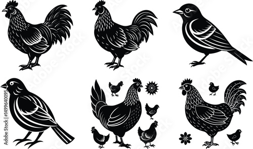Silhouette of Rooster and chicken hen vector icon set illustration on white background. Chicken Logo icon set design concept. good for rooster restaurant and chicken farm. vector illustration

