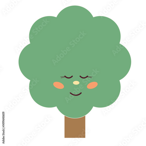 Cute Green Tree Character Symbol Icon. Lovely Cartoon Kawaii Garden or Forest Park Smiling Face Plant Mascot. Baby Nursery Natural Print Design. Clothing Sticker. Birthday Party Greeting Card Element.