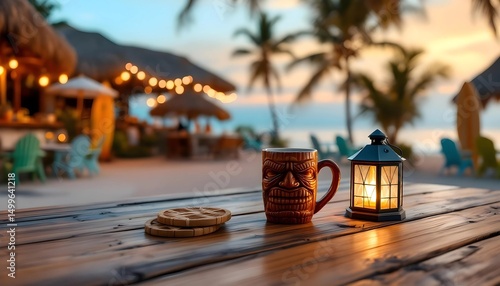 Tropical Sunset Beachside Cafe Moment with Tiki Mug and Lantern. A warm, inviting image of a wooden table on a beachside cafe at sunset.