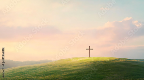 cross on the hill, A single wooden cross standing on an open grassy hill under a wide pastel sky