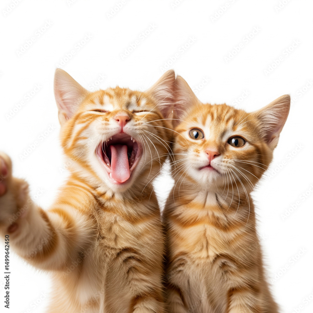 Obraz premium ginger cat selfie white background, ginger cat memes, yawning, ginger cat selfie close-up, cat with extended arm selfie, ginger cat with extending arm selfie, close-up selfie, 2 cats selfie