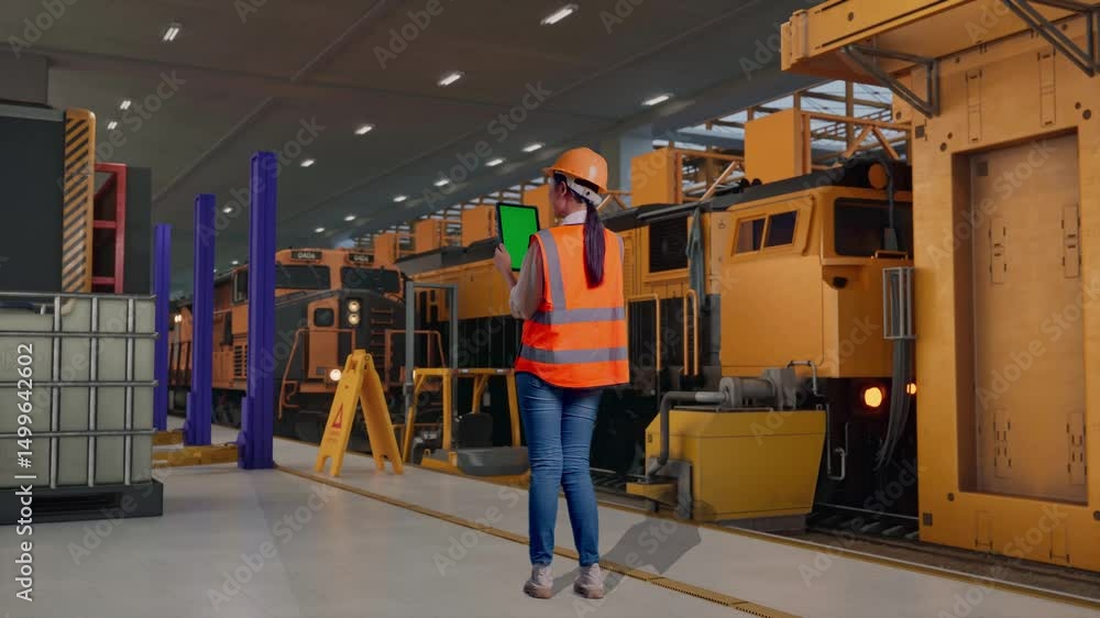 Full Body Back View Of Asian Female Engineer With Safety Helmet Working On A Green Screen Tablet And Looking Around, Train Maintenance Engineers in a Depot Full Body Back View Of Asian Female Engineer With Safety Helmet Working On A Green Screen Tablet And Looking Around, Train Maintenance Engineers in a Depot