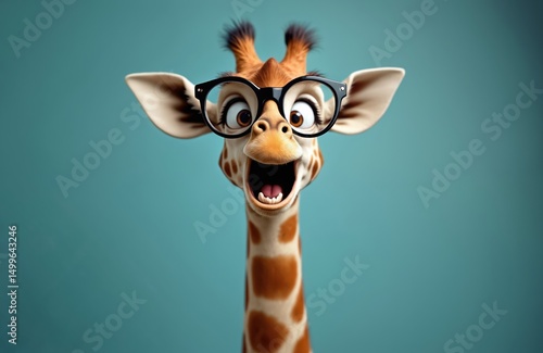 Funny giraffe wearing glasses with surprised face at blue background. Amusing giraffe pet with open mouth. Great concept for website banner and advertising. AI generated image.