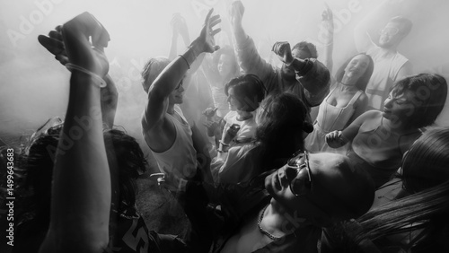 Foto Black and white photo of a lively crowd dancing with hands raised, creating an energetic atmosphere