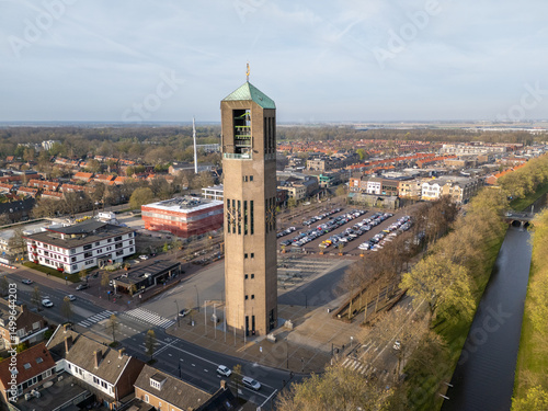 Aerial drone photo of the Poldertoren in Emmeloord in Flevoland, the Netherlands.